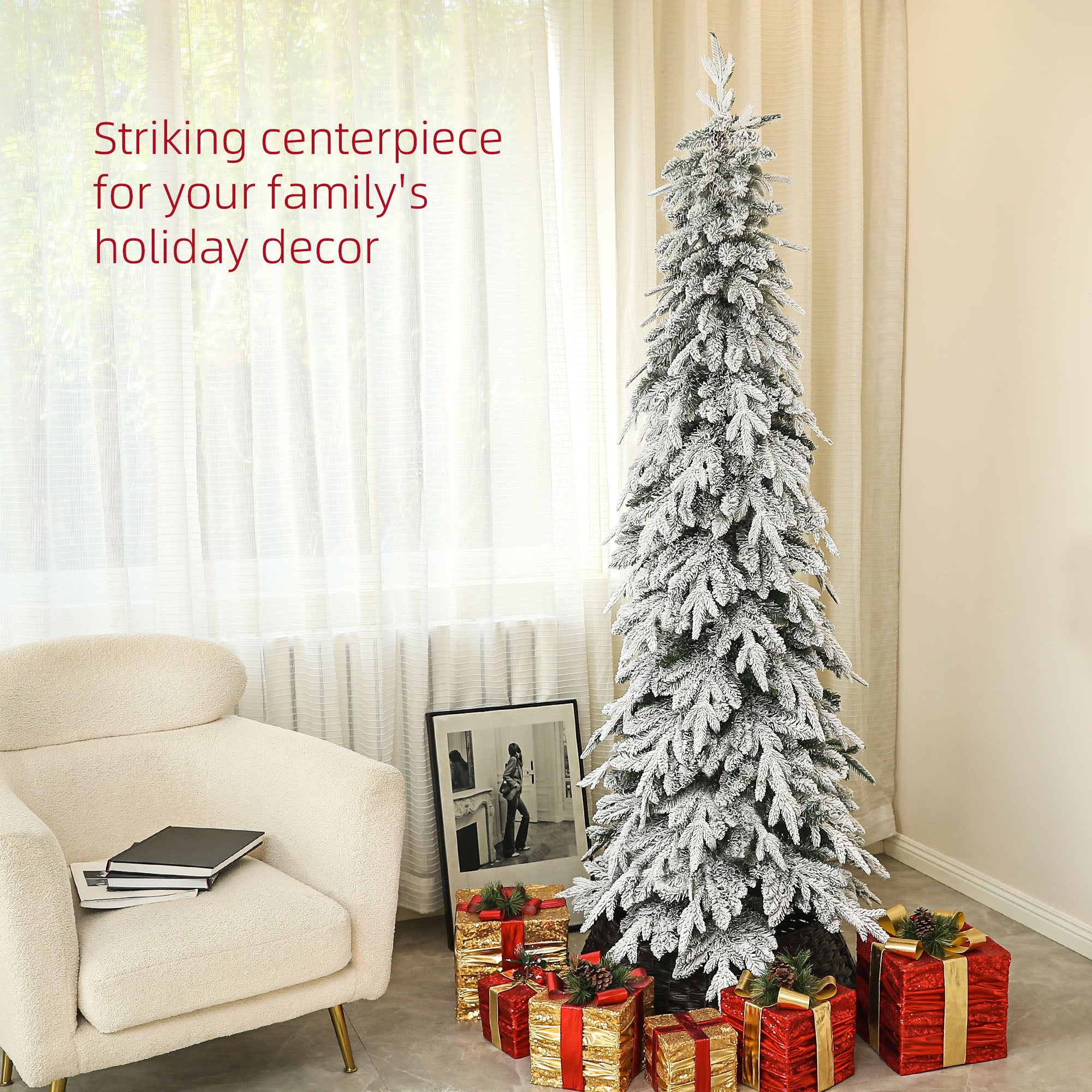 7ft Pencil Artificial Christmas Tree, Snow Flocked Xmas Tree with Downswept Branches and 800 Tips, Auto Open, Steel Base, Green by HOMCOM-2