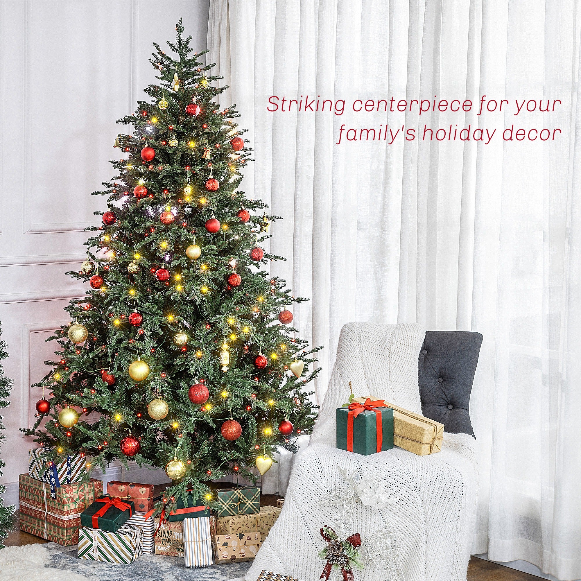 HOMCOM 2.1m/7ft Artificial Christmas Tree with 400 Multicoloured LED Lights, 8 Modes and Remote, Hinged Pre Lit Xmas Tree with Metal Stand for Party Decoration, Green-2
