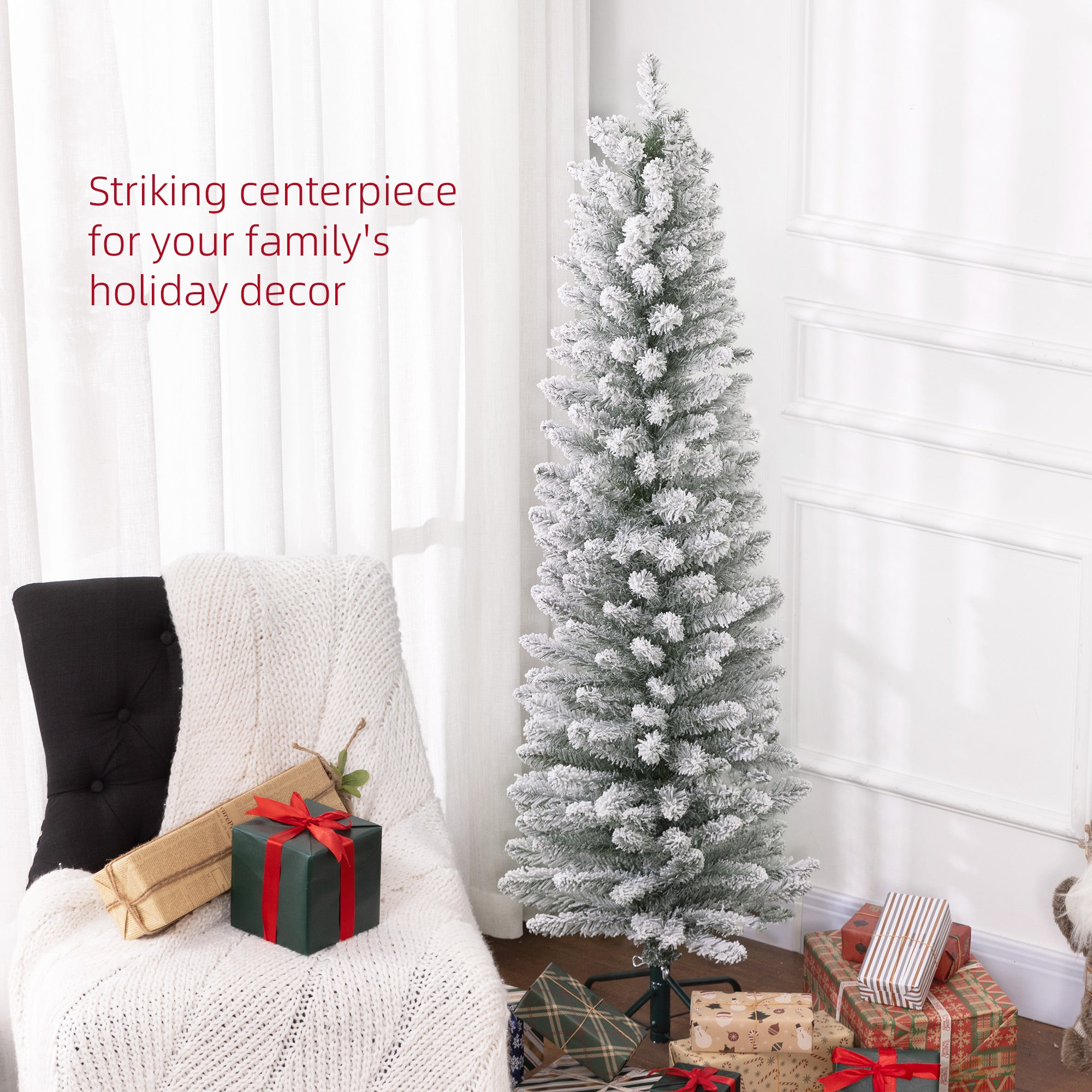 HOMCOM 5ft Artificial Pencil Christmas Tree with 263 Snow Flocked Tips, Metal Base, Realistic Xmas Tree-2