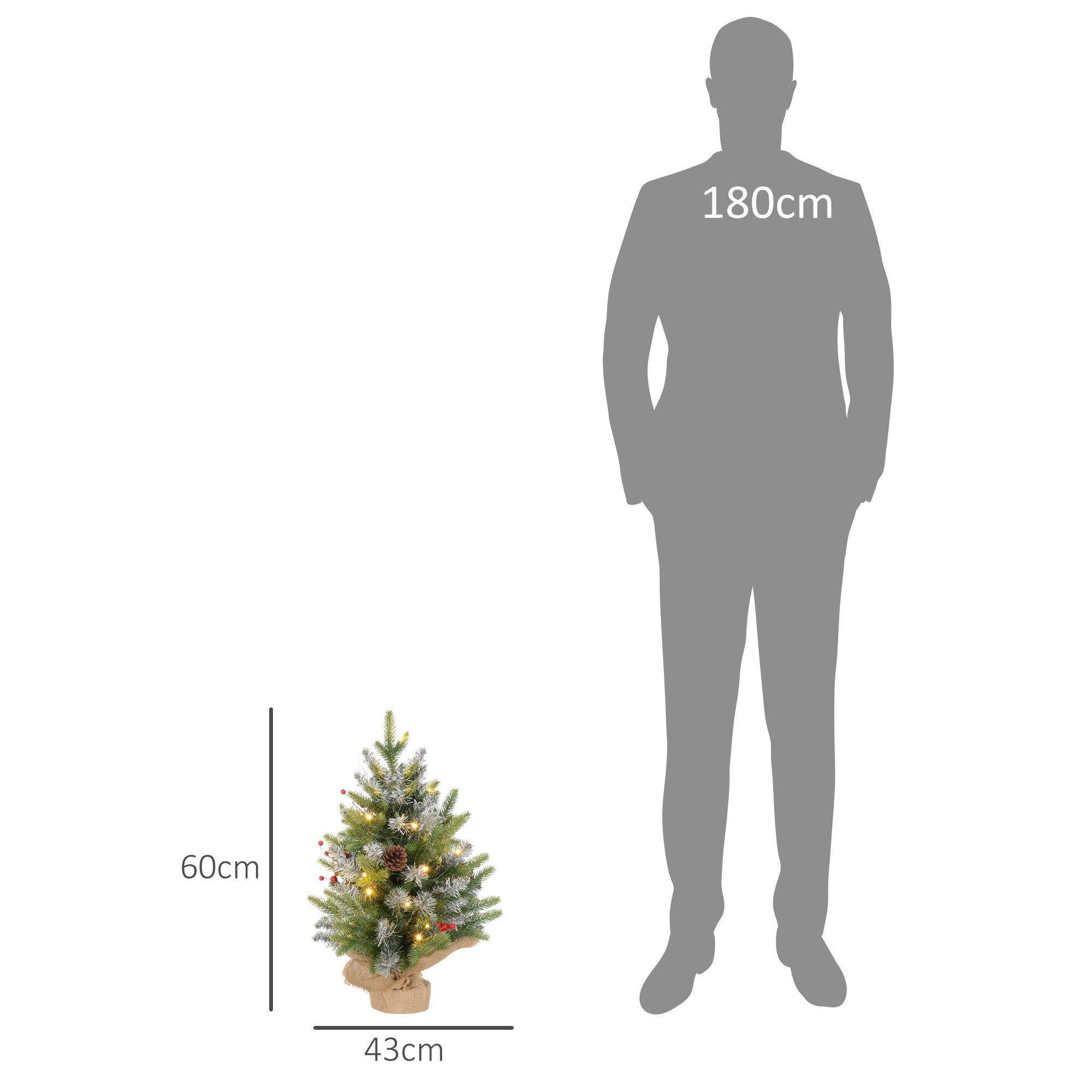 HOMCOM 2 Pieces 2ft Prelit Artificial Christmas Tree with LED Light and 141 Tips, Concrete Base, Tabletop Xmas Tree with Pine Cones and Red Berries in Green-1