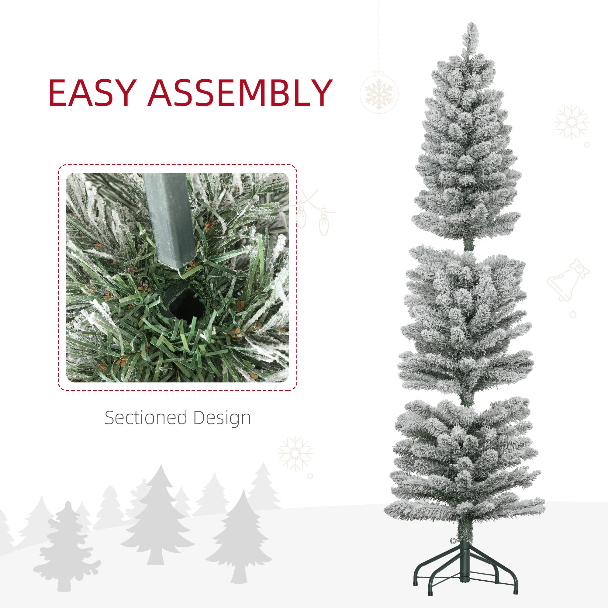 HOMCOM 5ft Artificial Pencil Christmas Tree with 263 Snow Flocked Tips, Metal Base, Realistic Xmas Tree-4