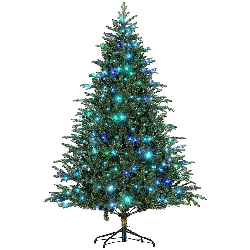 HOMCOM 2.1m/7ft Artificial Christmas Tree with 400 Multicoloured LED Lights, 8 Modes and Remote, Hinged Pre Lit Xmas Tree with Metal Stand for Party Decoration, Green-0