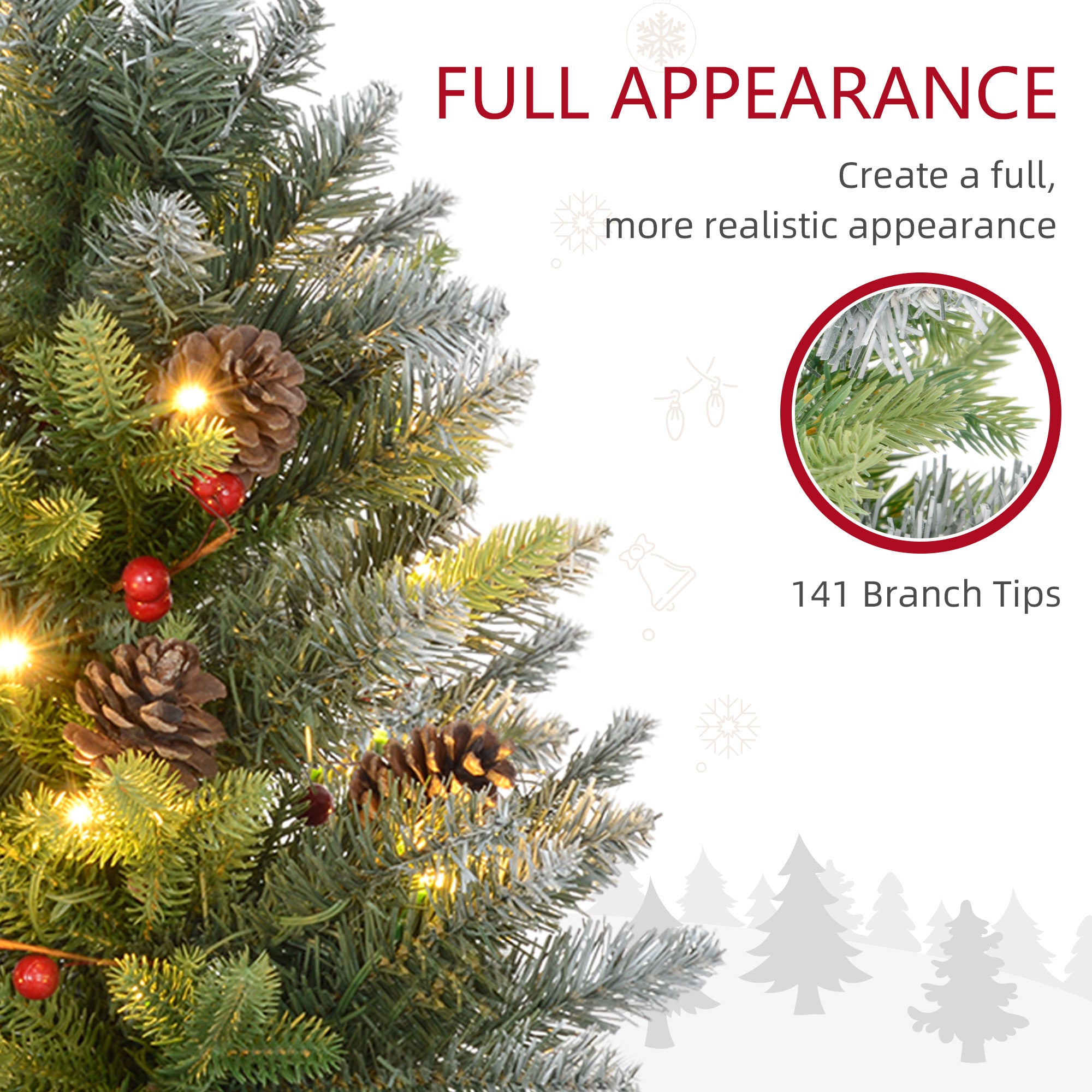 HOMCOM 2 Pieces 2ft Prelit Artificial Christmas Tree with LED Light and 141 Tips, Concrete Base, Tabletop Xmas Tree with Pine Cones and Red Berries in Green-4
