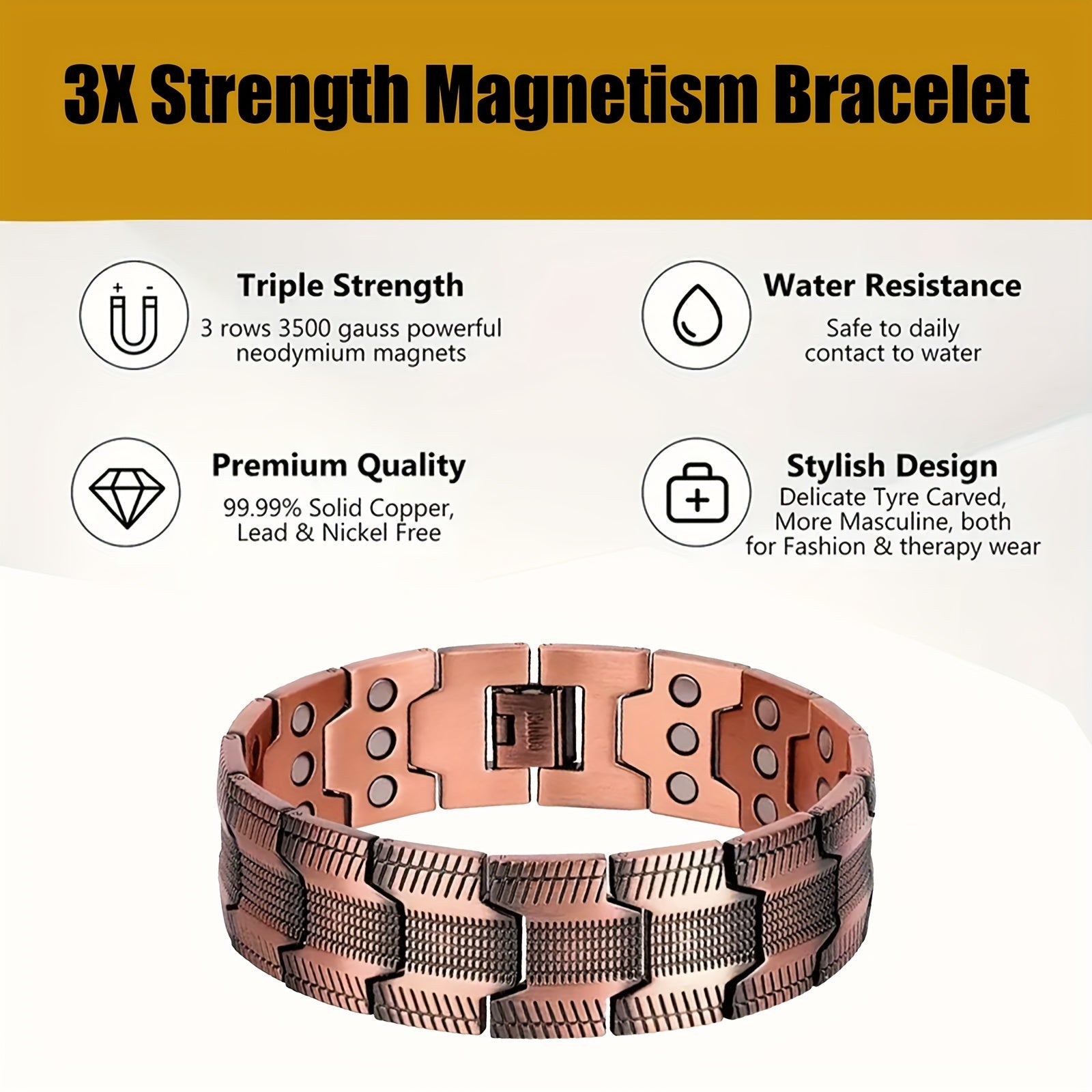 NNETM 3X Strong Copper Magnetic Bracelet for Men  – Pure 99.9% Solid Copper-3