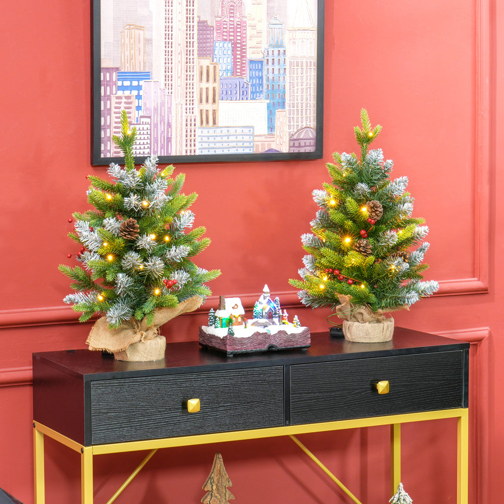 HOMCOM 2 Pieces 2ft Prelit Artificial Christmas Tree with LED Light and 141 Tips, Concrete Base, Tabletop Xmas Tree with Pine Cones and Red Berries in Green-8