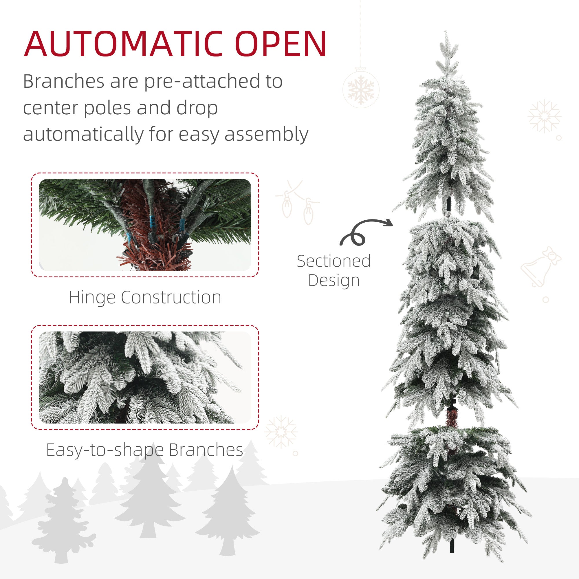 7ft Pencil Artificial Christmas Tree, Snow Flocked Xmas Tree with Downswept Branches and 800 Tips, Auto Open, Steel Base, Green by HOMCOM-4