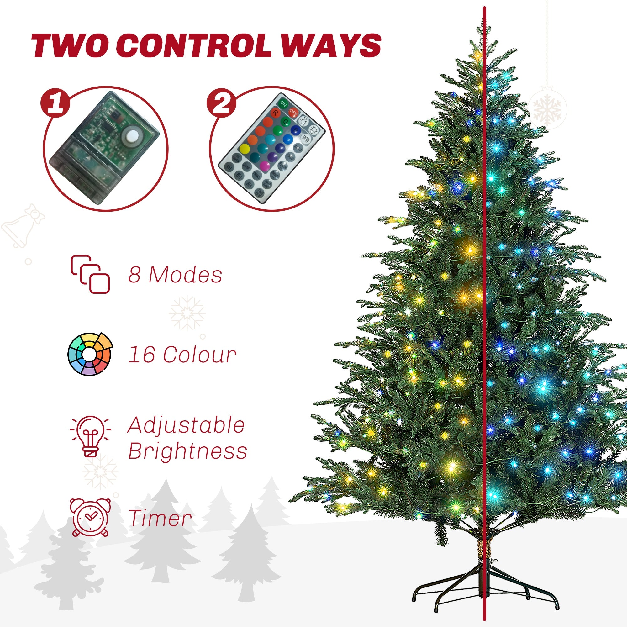 HOMCOM 2.1m/7ft Artificial Christmas Tree with 400 Multicoloured LED Lights, 8 Modes and Remote, Hinged Pre Lit Xmas Tree with Metal Stand for Party Decoration, Green-3