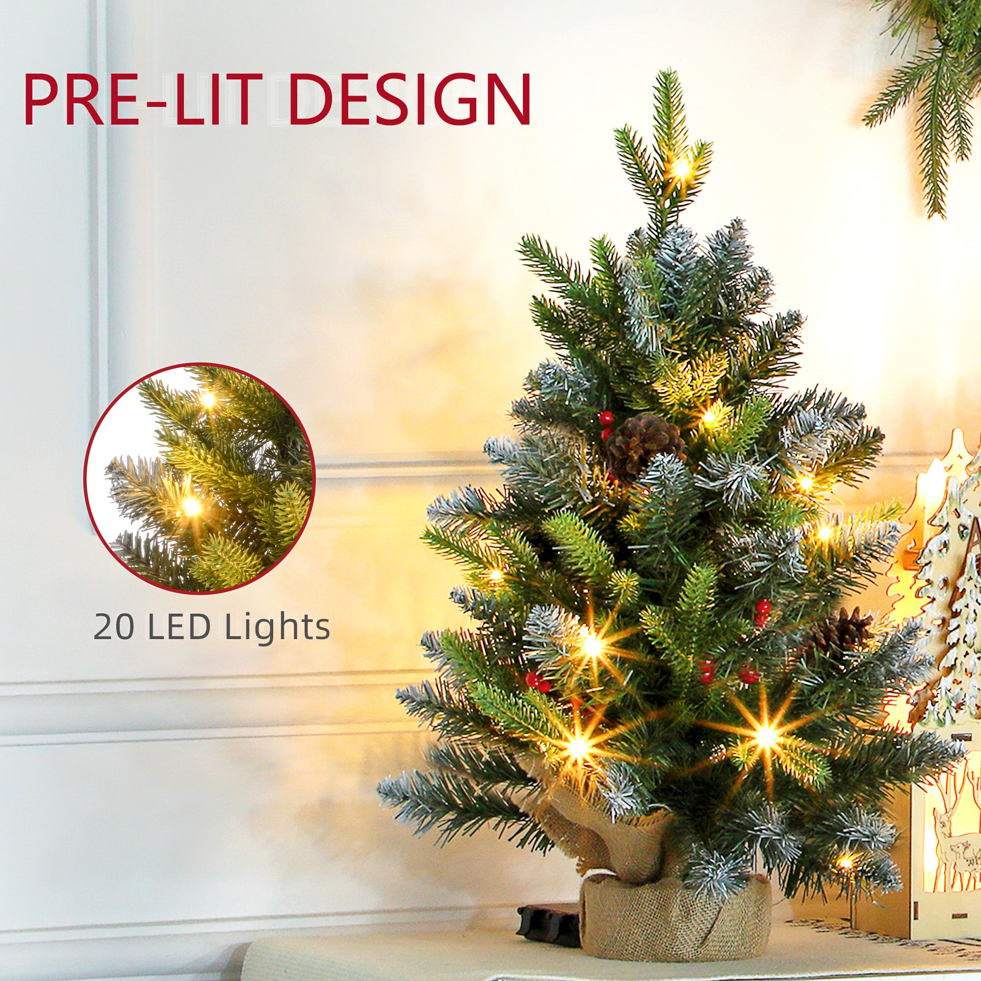 HOMCOM 2 Pieces 2ft Prelit Artificial Christmas Tree with LED Light and 141 Tips, Concrete Base, Tabletop Xmas Tree with Pine Cones and Red Berries in Green-2