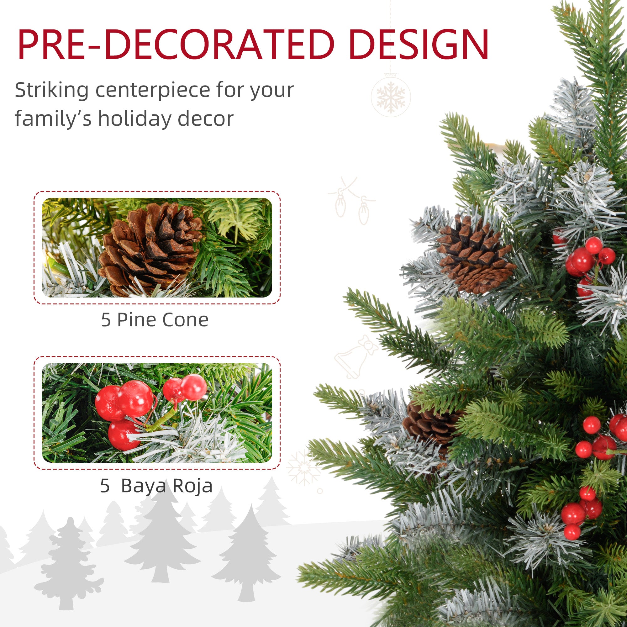 HOMCOM 2 Pieces 2ft Prelit Artificial Christmas Tree with LED Light and 141 Tips, Concrete Base, Tabletop Xmas Tree with Pine Cones and Red Berries in Green-3
