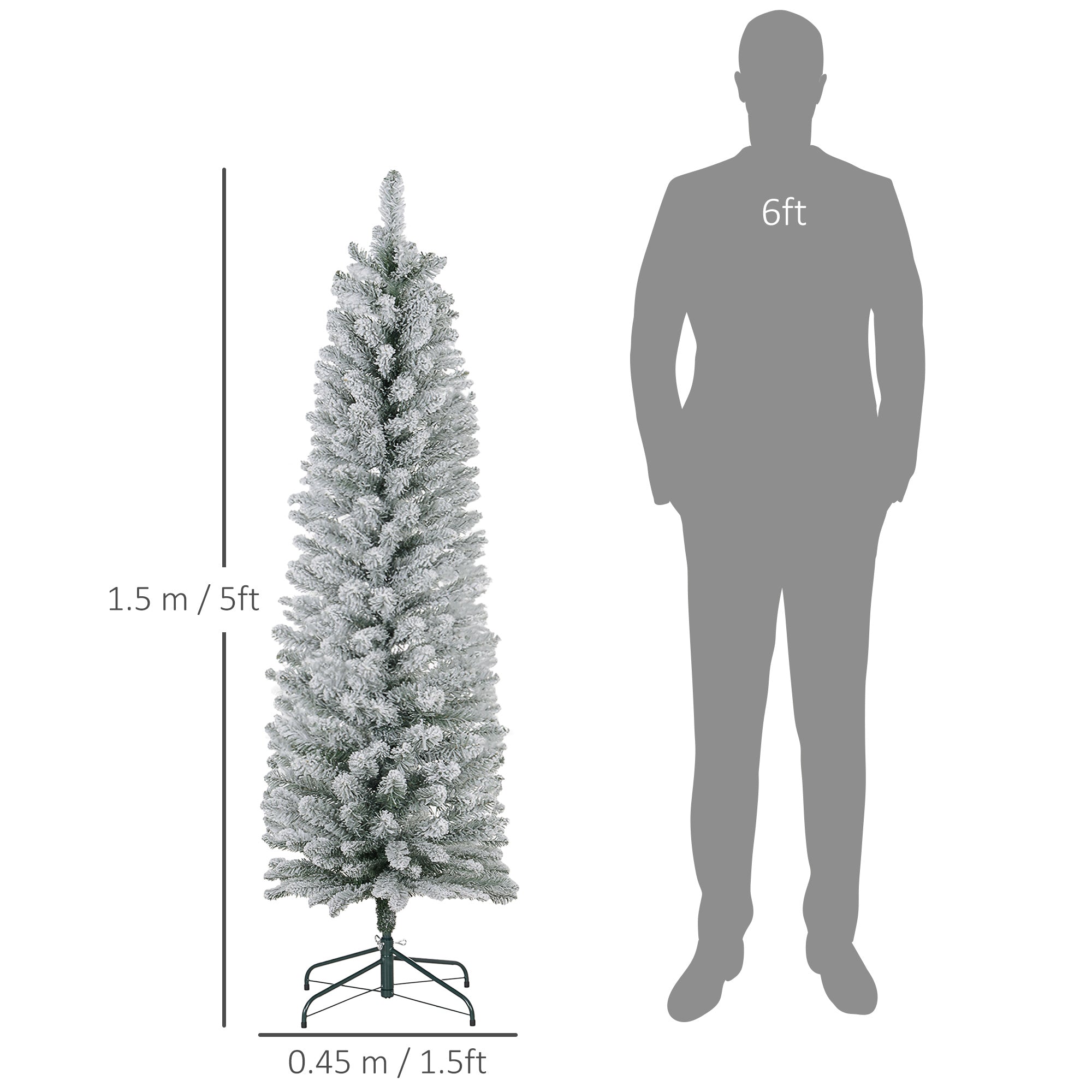 HOMCOM 5ft Artificial Pencil Christmas Tree with 263 Snow Flocked Tips, Metal Base, Realistic Xmas Tree-1