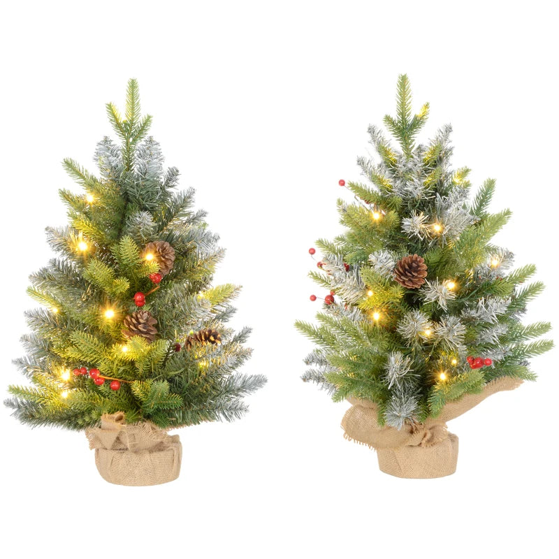 HOMCOM 2 Pieces 2ft Prelit Artificial Christmas Tree with LED Light and 141 Tips, Concrete Base, Tabletop Xmas Tree with Pine Cones and Red Berries in Green-0